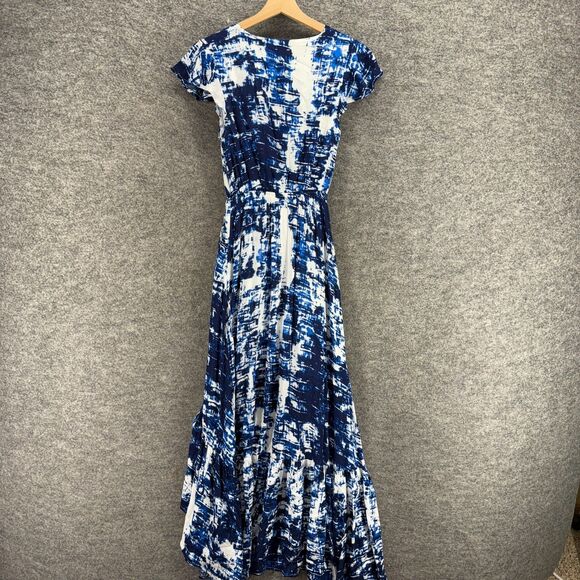 Vici Dress Women S Small Blue Geometric Maxi Long V-Neck Short Sleeve Casual - Picture 2 of 6